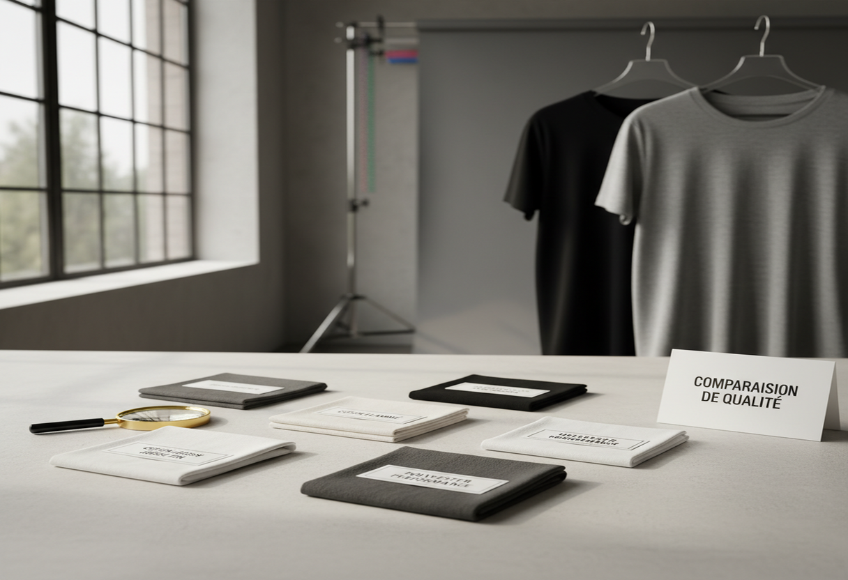 Exemples de matières coton, polyester et fibres recyclées pour t-shirts pro