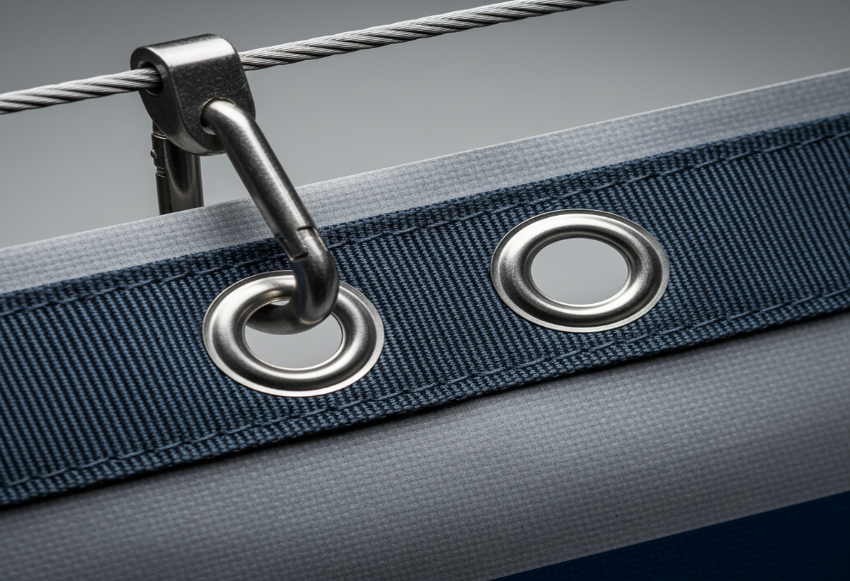 Professionele afwerking: omgezoomde randen en versterkte ringen bij bouwzeilen