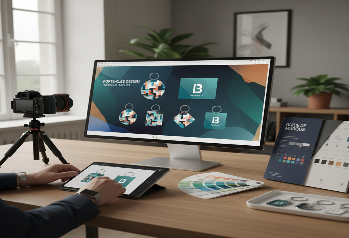 Voorbeelden van goed leesbaar en contrastrijk design op promotionele sleutelhangers