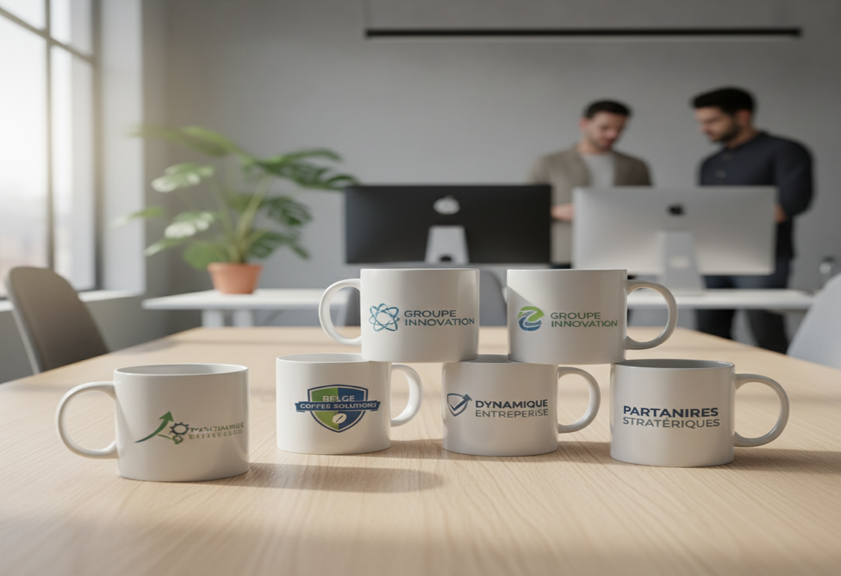 Tasse personnalisée entreprise utilisée au bureau, visibilité marketing quotidienne