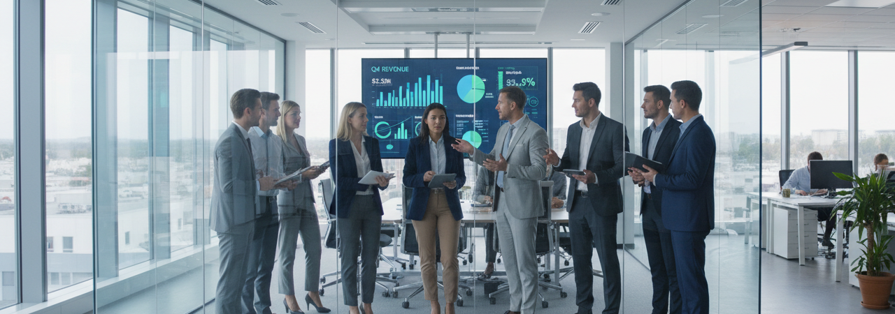 Marketing and sales teams collaborating on revenue growth strategy in modern office