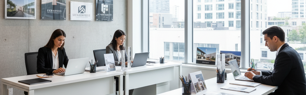 Modern makelaarskantoor met professionele geprinte communicatiemiddelen