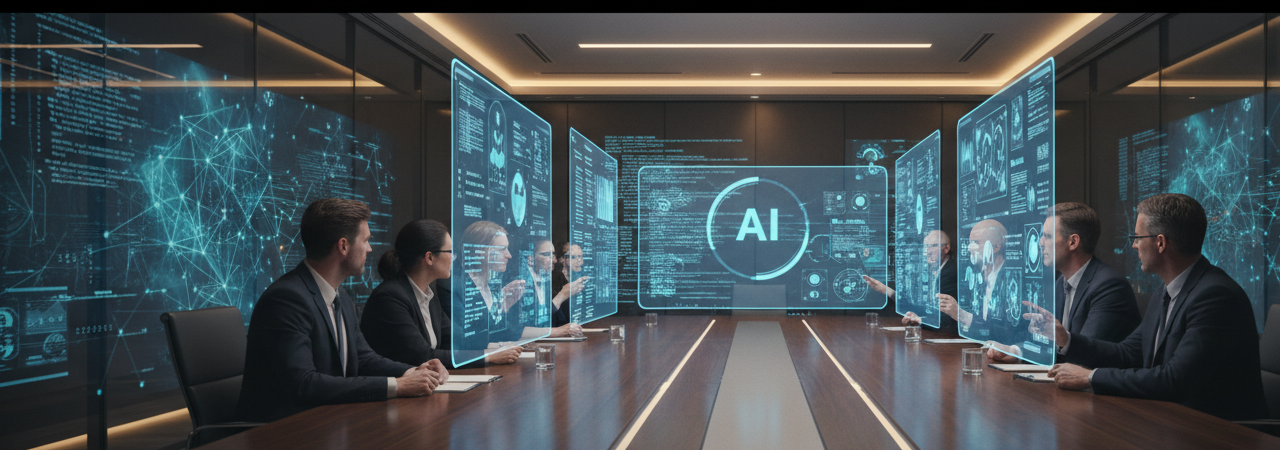Executive team integrating AI technology into business workflow strategy session