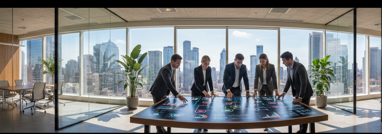 Business professionals collaborating on digital transformation strategy with interactive analytics