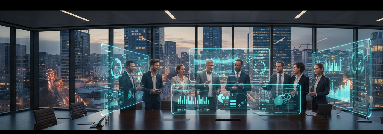 Business executives collaborating on digital service strategy for sustainable growth