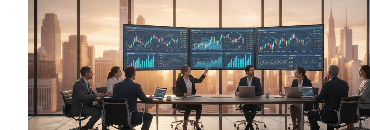 Business executives reviewing strategic financial planning data in modern corporate boardroom