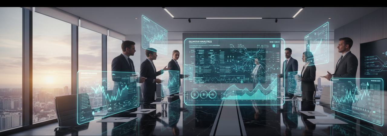 AI-powered predictive financial analysis dashboard in modern corporate boardroom