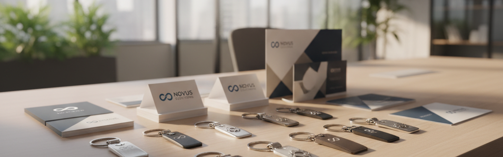 Collectie gepersonaliseerde sleutelhangers op een zakelijk bureau met branding elementen