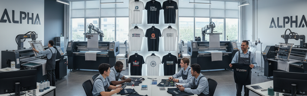 T-shirts personnalisés professionnels exposés dans un atelier d'impression textile moderne