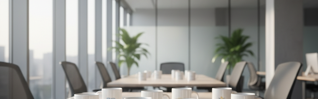 Tasse personnalisée pour entreprise avec logo sur bureau professionnel