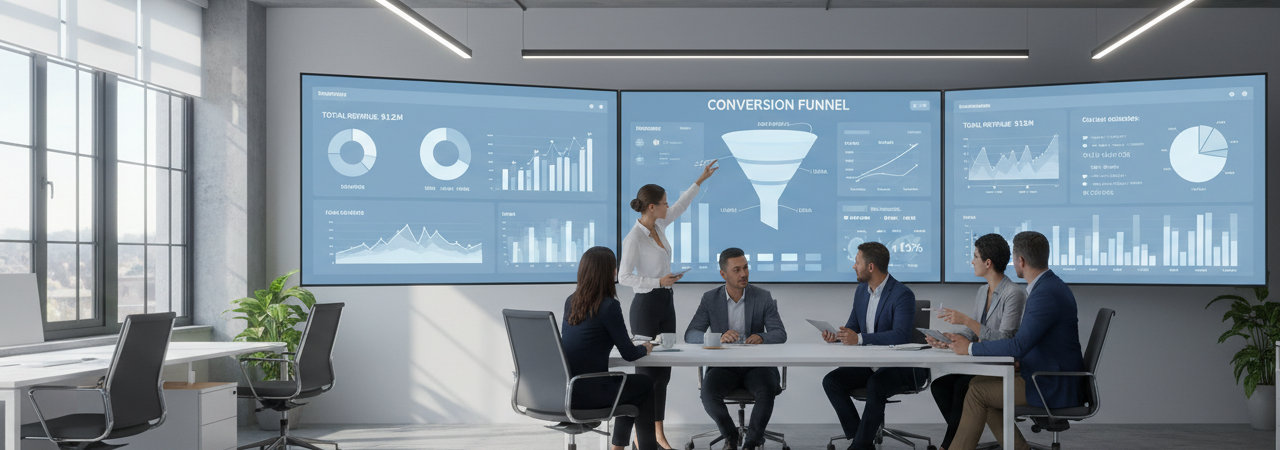 B2B marketing team analysing conversion rate optimisation and sales funnel performance metrics