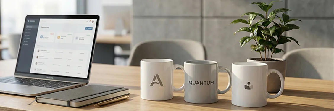 Tasse personnalisée pour entreprise avec logo sur bureau professionnel